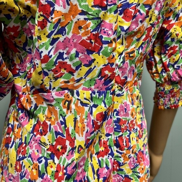 Multi Color Floral Puff Sleeve Midi Dress by RIXO Hidden back zip v neck Size 8 - Picture 8 of 12